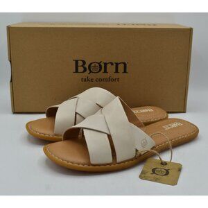 Born Womens Size 8 Ilana White Full Grain Leather Open Toe Slides Sandals Shoes